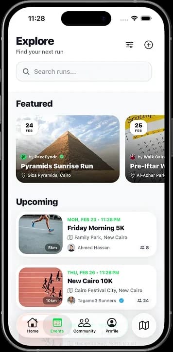 PaceFyndr on a phone: Explore: featured and upcoming runs