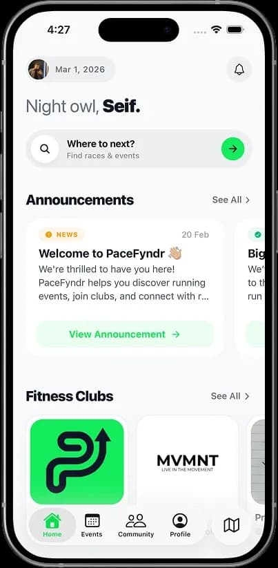 PaceFyndr on a phone: Home: announcements and clubs