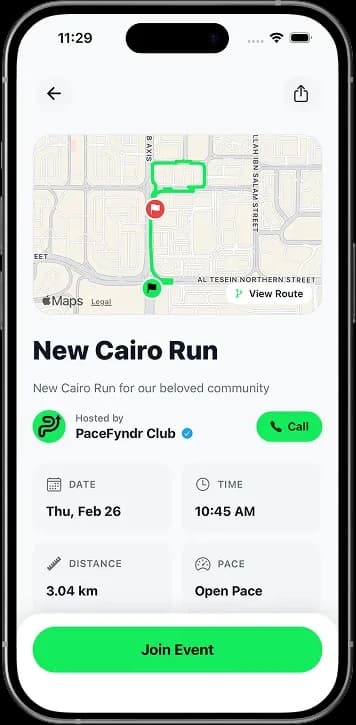PaceFyndr on a phone: Event: route, details and one-tap join